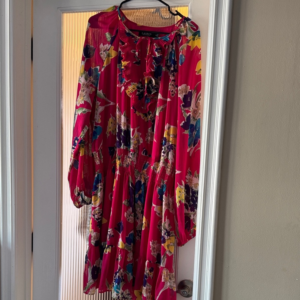 Bright Floral Pink Long Sleeve Tiered Dress